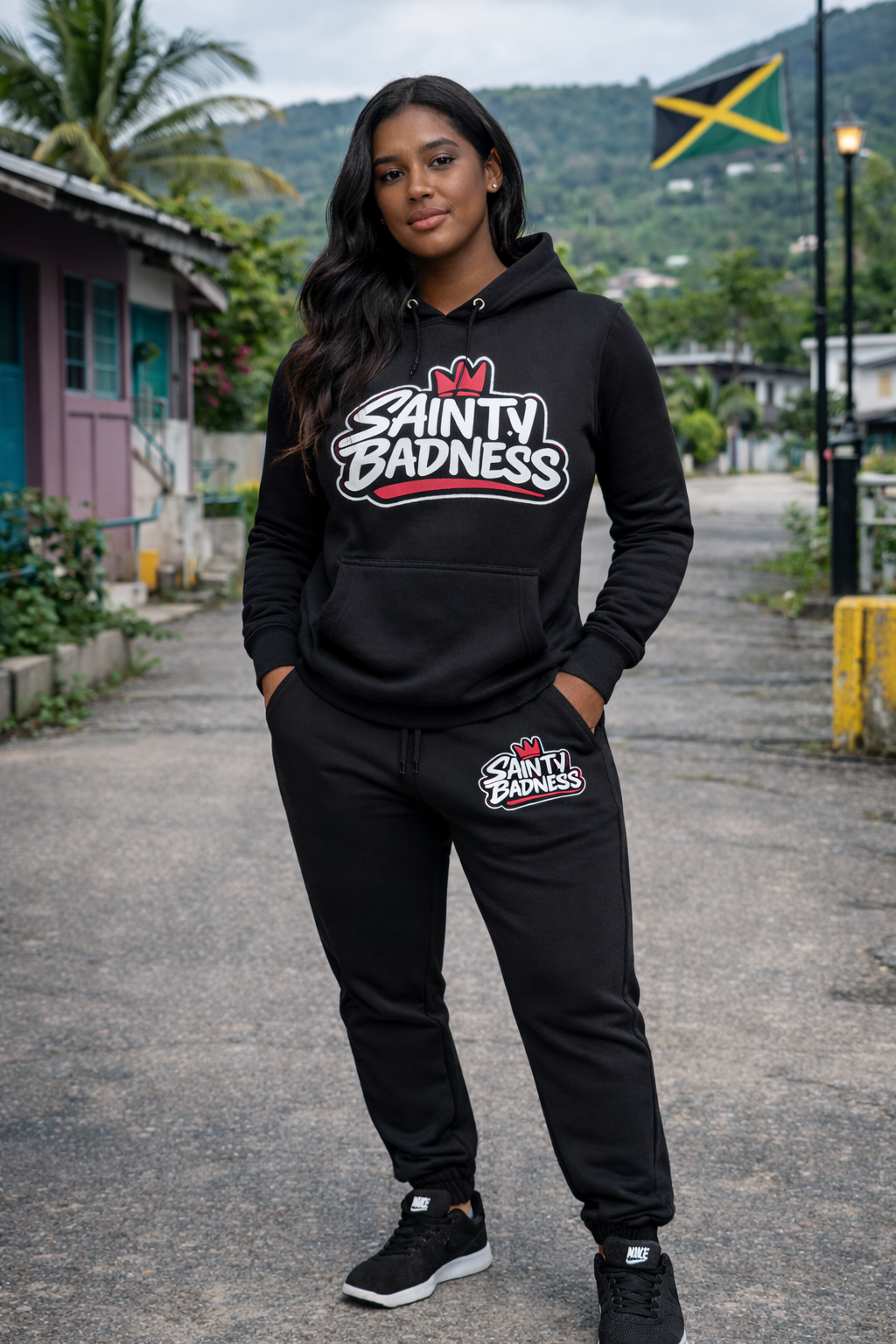 Sainty badness women fitted hoodie tracksuit white and pink logo