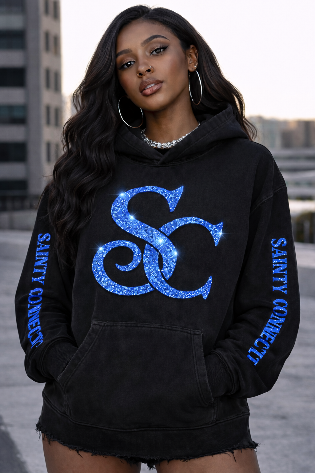 Sainty connection sc black & acid wash hoodie & jogger set ( glitter edition)
