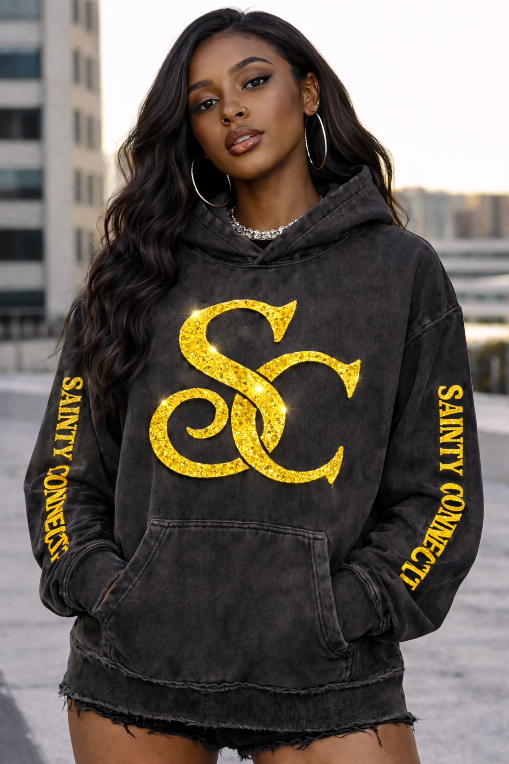 Sainty connection sc black & acid wash hoodie & jogger set ( glitter edition)