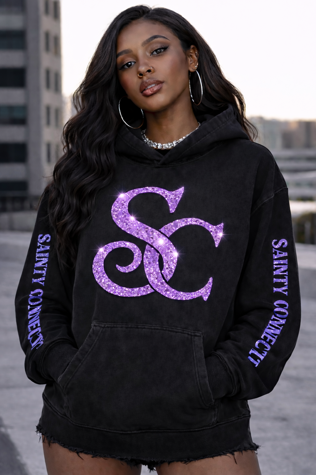 Sainty connection sc black & acid wash hoodie & jogger set ( glitter edition)