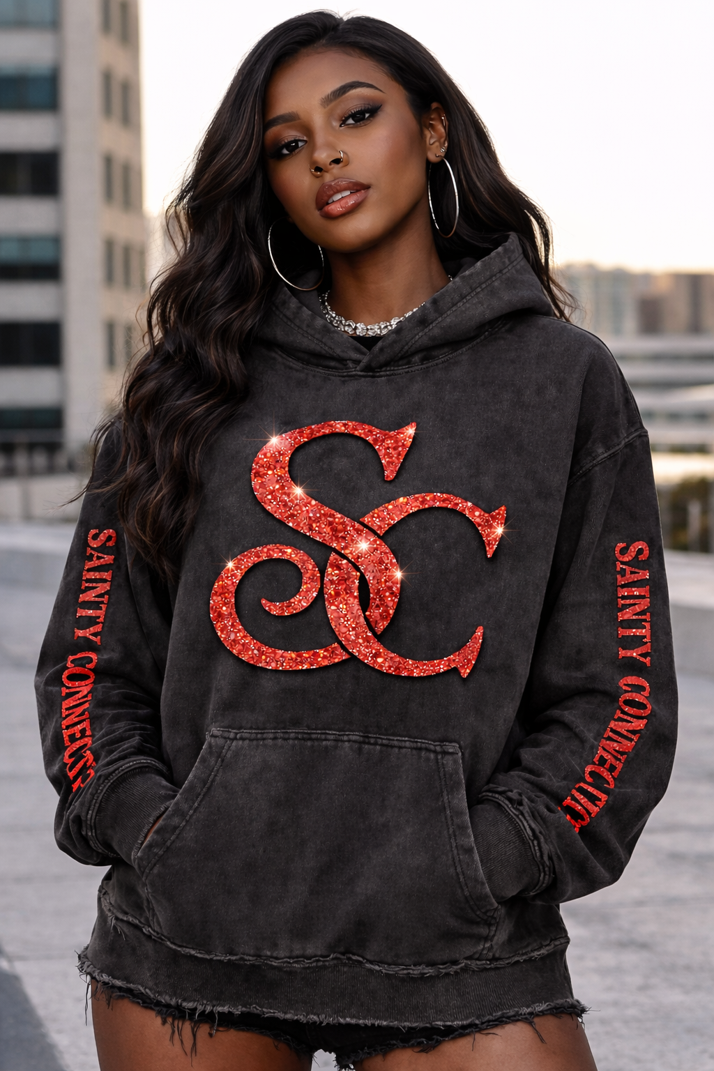 Sainty connection sc black & acid wash hoodie & jogger set ( glitter edition)