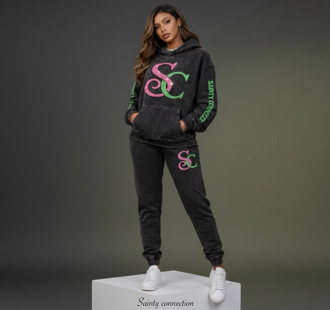 Sainty connection sc black & acid wash hoodie & jogger set ( glitter edition)