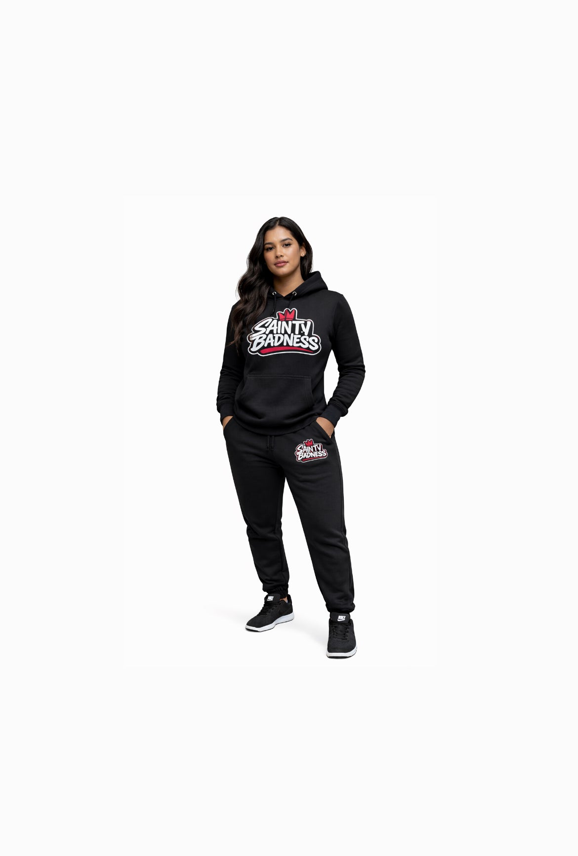 Sainty badness women fitted hoodie tracksuit white and pink logo